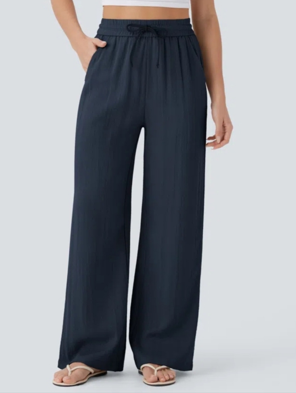 High Waisted Drawstring Pocket Wide Leg Linen Feel Pants